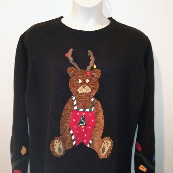 Quacker Factory Black/Multi Reindeer Teddy Bear & Christmas Lights Tunic Sweater - Picture 2 of 12